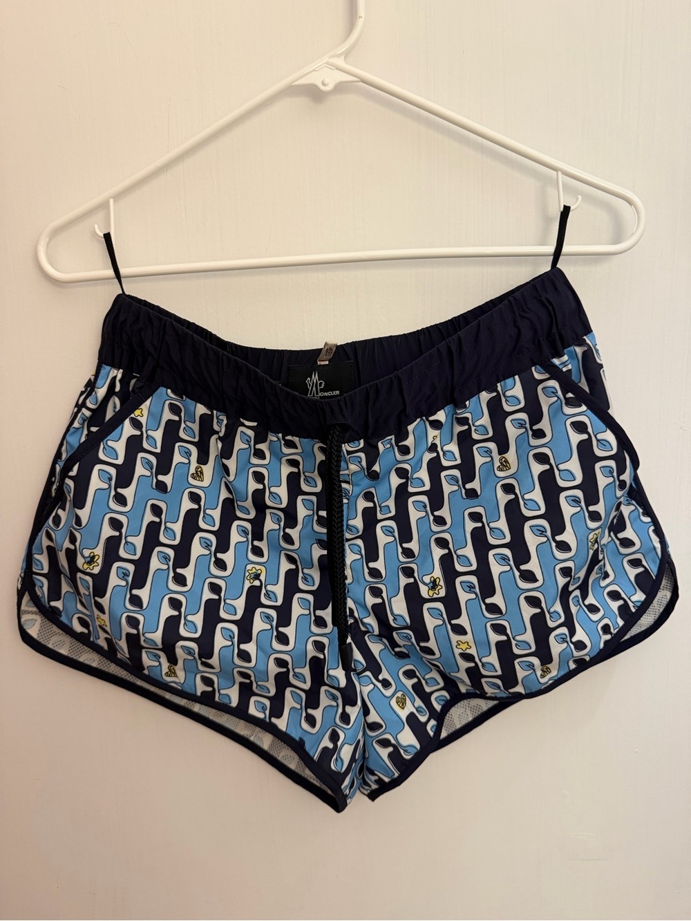 Moncler Women's Light Blue Geometric Athletic Shorts with Navy Trim